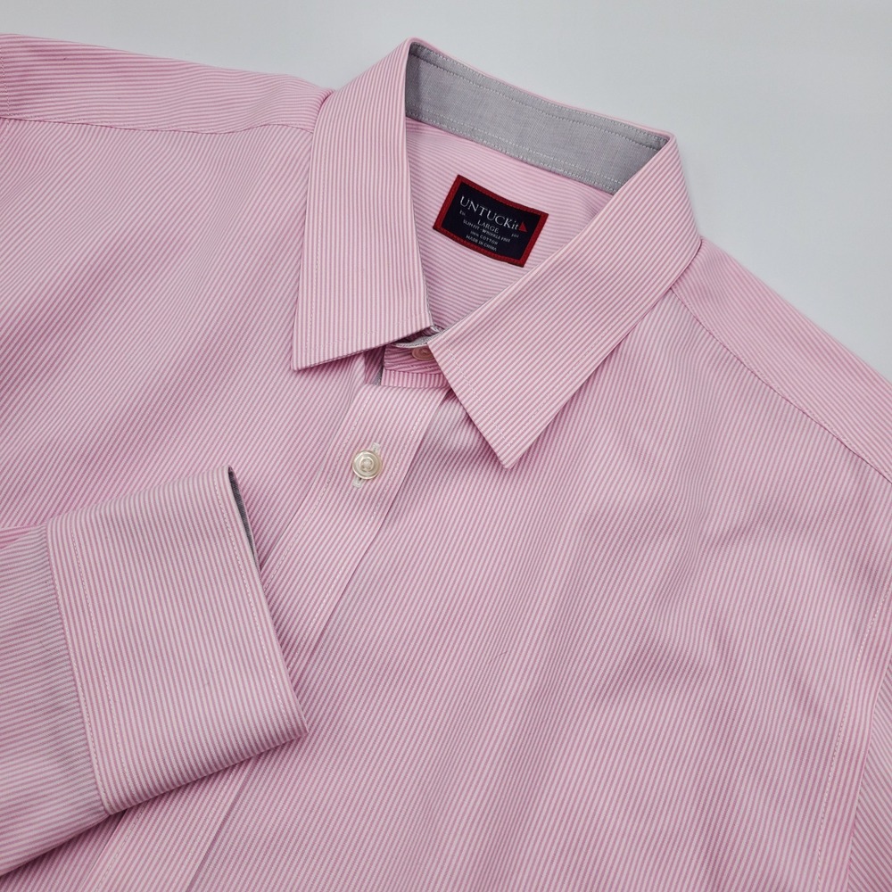 UNTUCKit Slim Fit Wrinkle Free Pink White Micro Stripe Shirt Mens Large